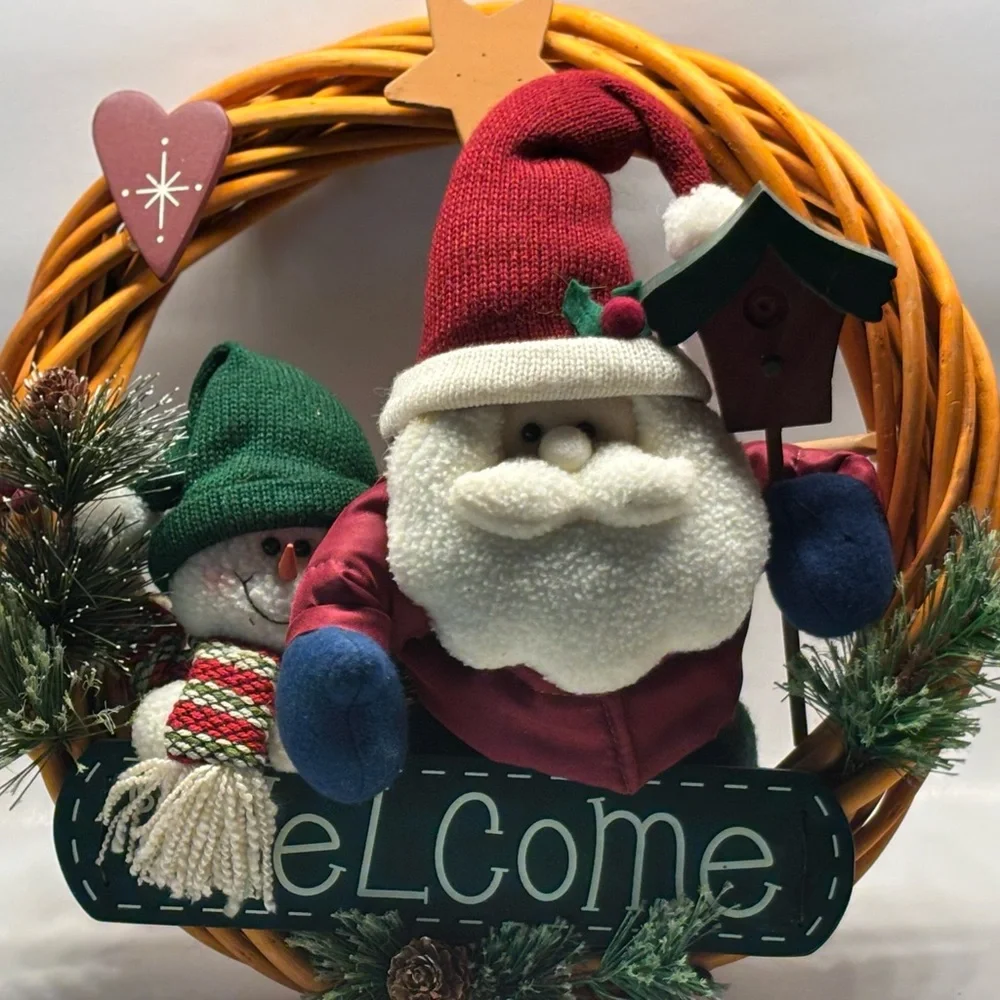Vintage Festive Santa and Snowman Holiday Wreath